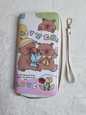 Cute Cartoon Bear Zip Wallet Wristlet in White and Pastel